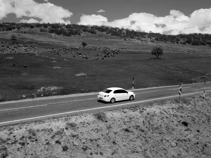 A car on an empty country road, seen from above